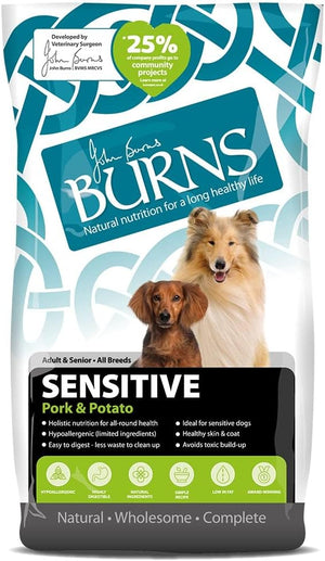 Burns Pet Nutrition Hypoallergenic Complete Dry Dog Food Adult and Senior Dog Sensitive with Pork and Potato 12 kg