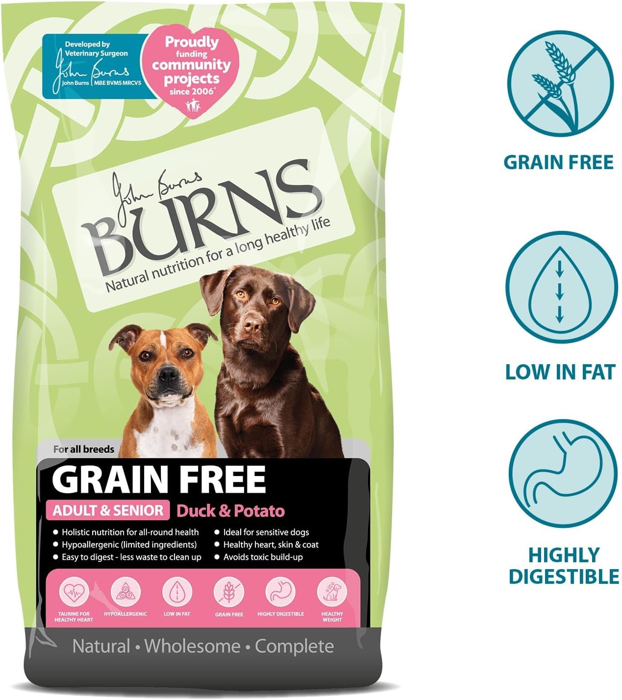 Burns Pet Nutrition Hypoallergenic Complete Dry Dog Food Adult and Senior Dog Grain Free Duck and Potato Grain Free 12 kg