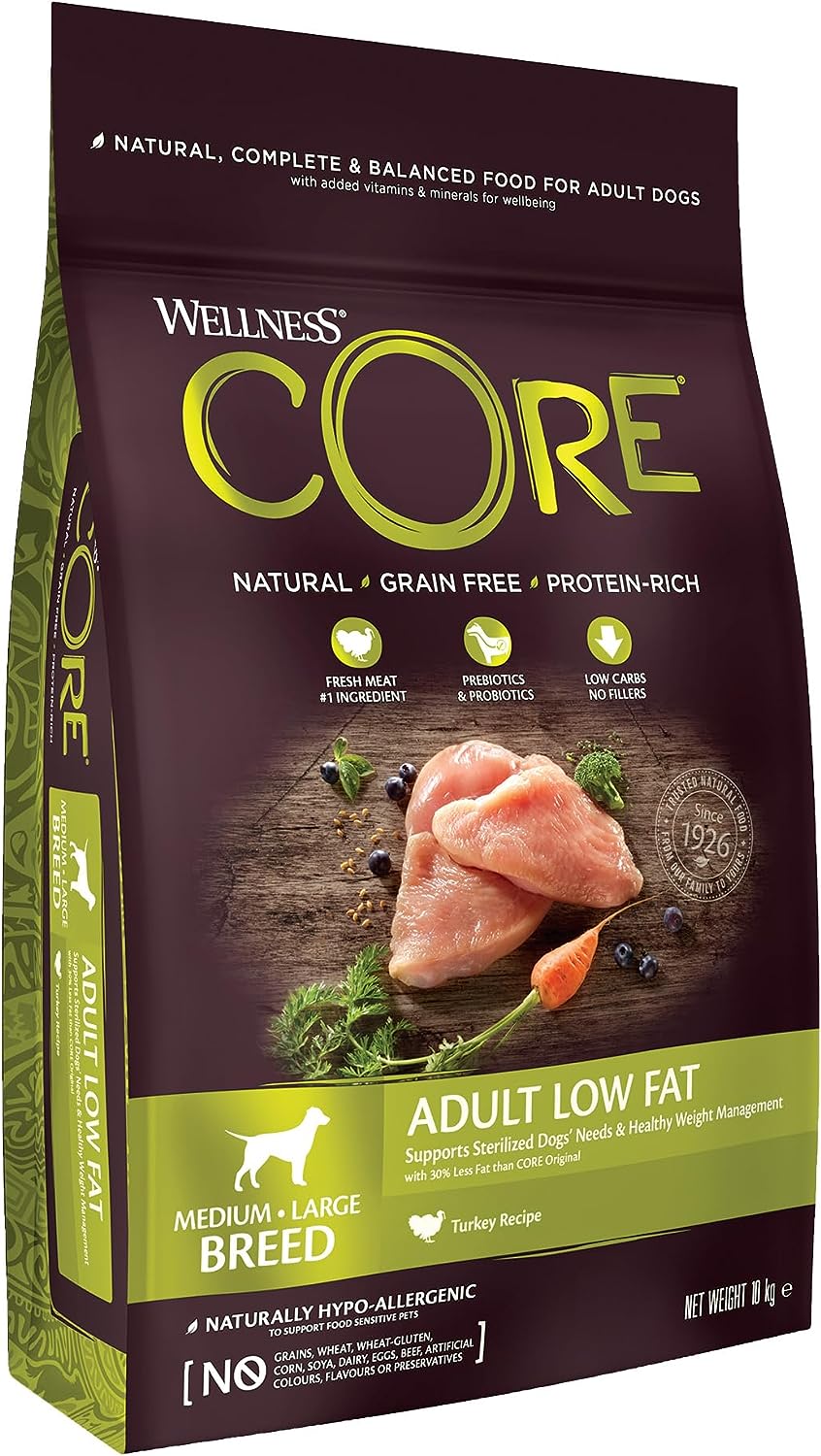 Wellness CORE Adult Low Fat, Dry Dog Food, Dog Food Dry For Sterilised Dogs, For Weight Loss and Grain Free, High Meat Content, Turkey, 10 kg
