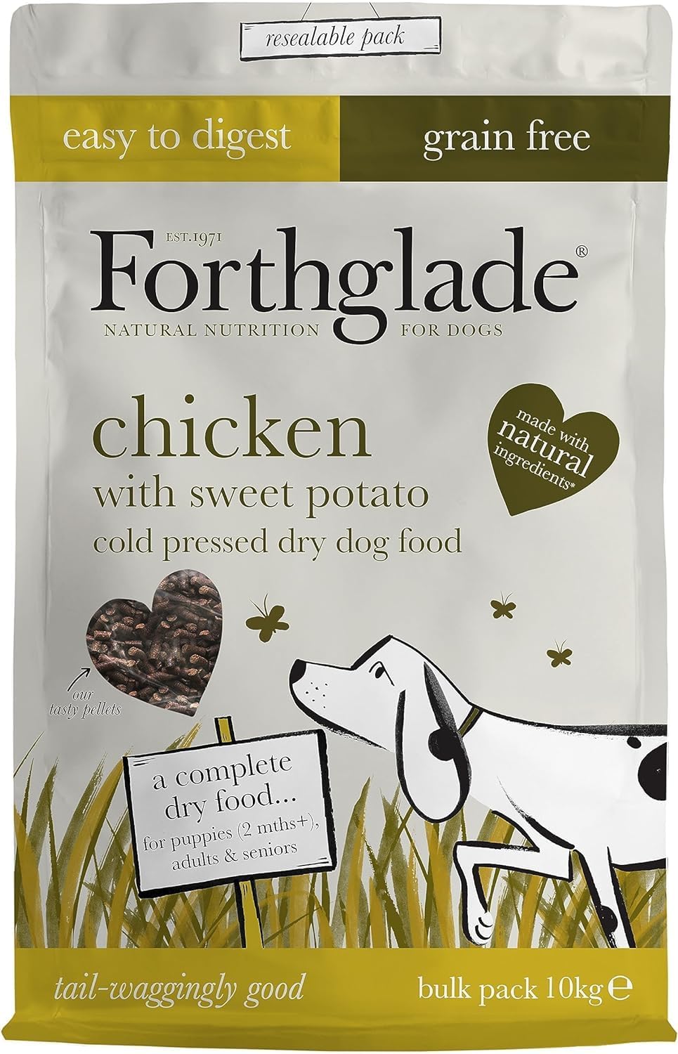 Forthglade Dry Dog Food, Cold Pressed, (10kg Resealable Bag), Chicken with Vegetables, Hypoallergenic Dog Food, Grain Free, Complete Natural Puppy, Adult and Senior Dry Dog Food for Good Gut Health