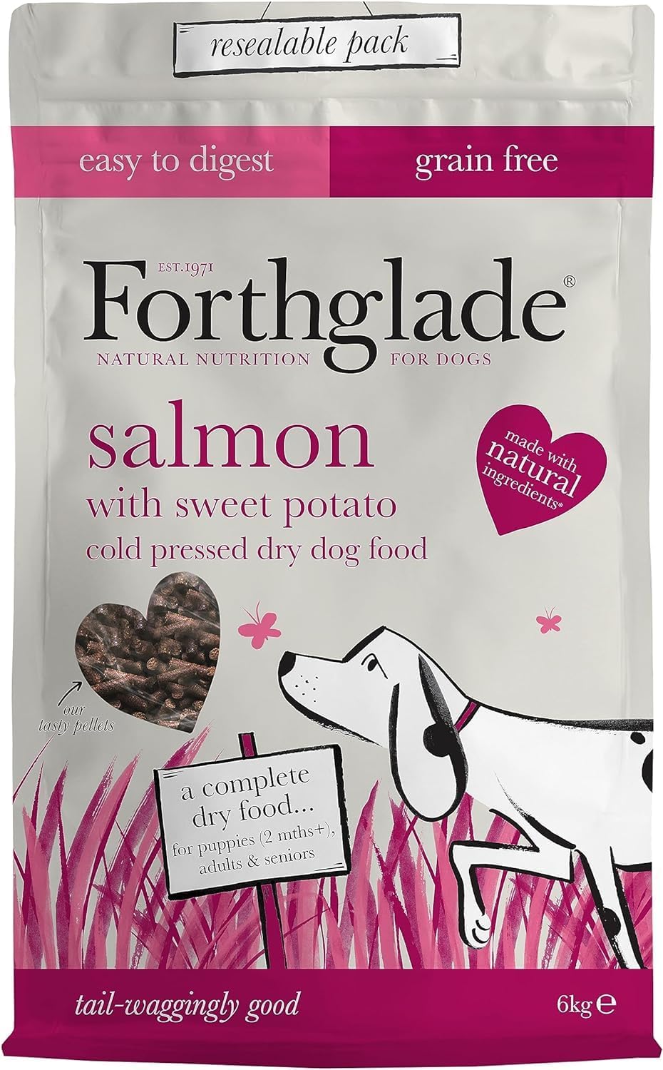 Forthglade Dry Dog Food, Cold Pressed, (6kg Resealable Bag), Salmon with Vegetables, Hypoallergenic Dog Food, Grain Free Complete Meal, Natural Puppy, Adult and Senior Dry Dog Food For Good Gut Health