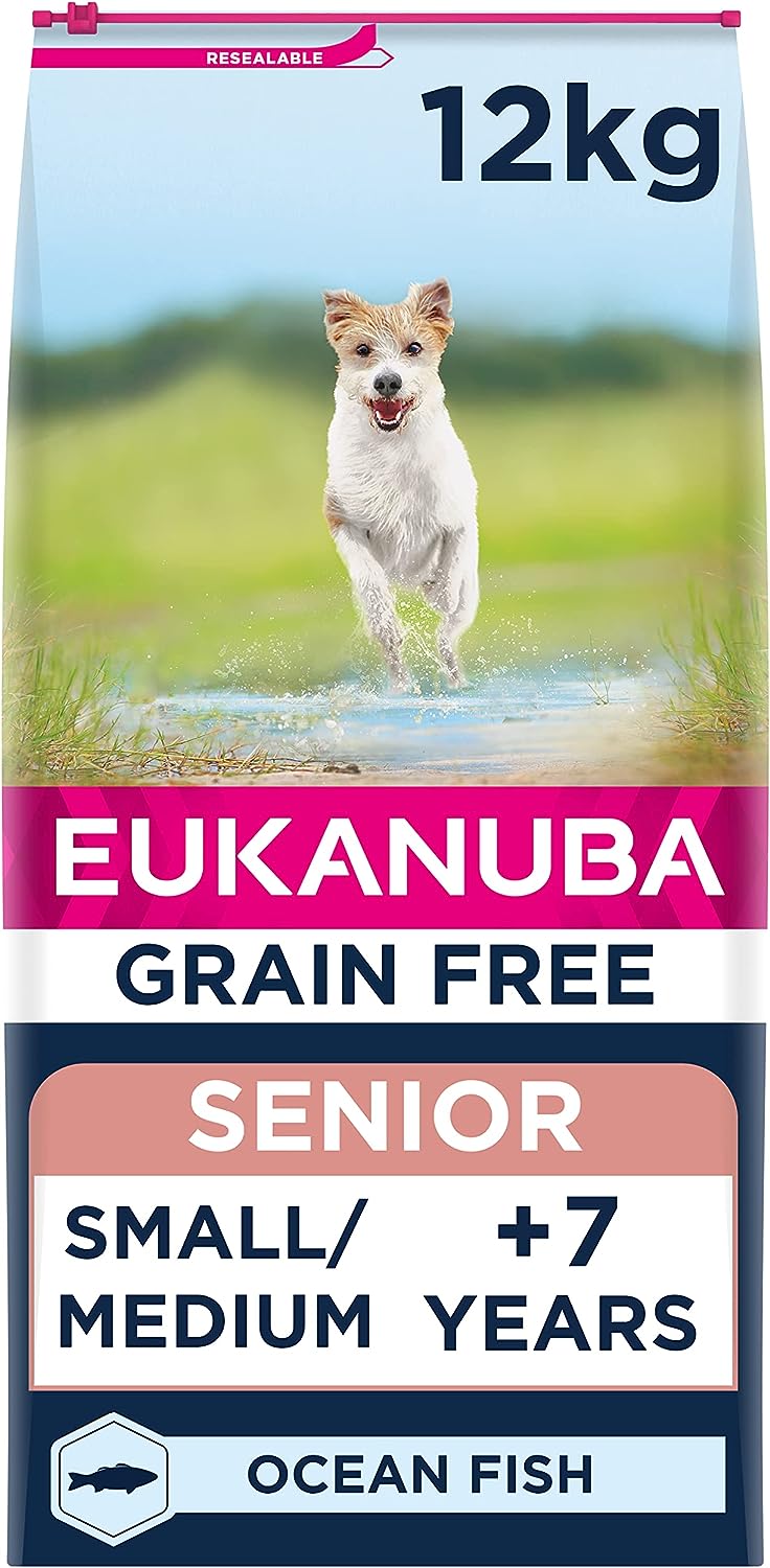 Eukanuba Grain Free Complete Dry Dog Food for Senior Small and Medium Breeds with Ocean Fish 12 kg