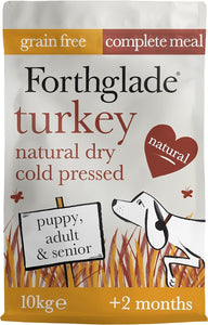 Forthglade Dry Dog Food, Cold Pressed, (10kg Resealable Bag), Turkey with Vegetables, Hypoallergenic Dog Food, Grain Free Complete, Natural Senior, Adult and Puppy Dry Dog Food for Good Gut Health