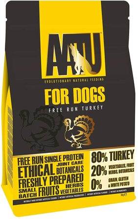 AATU 80/20 Dry Dog Food with 80% free-run turkey, grain-free, high protein, natural ingredients, 5kg bag